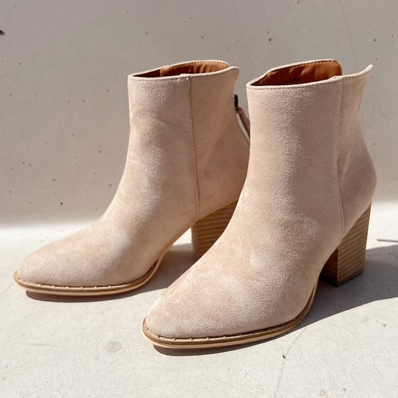 Taupe Faux Suede Pointed Toe Rivet Mini Studded Block Heel Ankle Bootie Boot - Picture 2 of 16